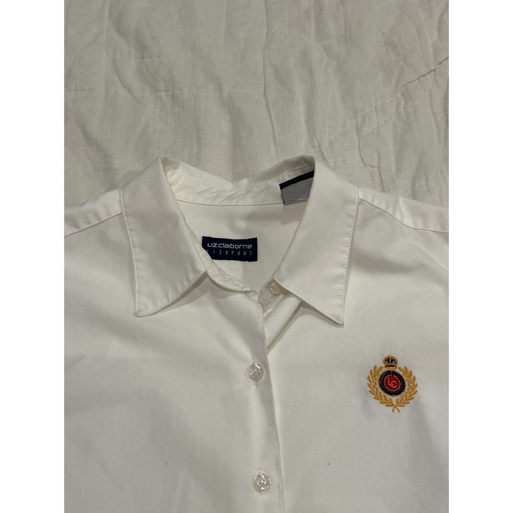 Liz Claiborne Lizsport Womens White Cotton Button Down Shirt Crest Logo Size M - Picture 3 of 5